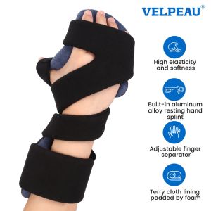 VELPEAU Stroke Resting Hand Splint Night Immobilizer Wrist Brace with Finger Support Thumb Stabilizer Wrap For Muscle Atrophy Rehabilitation Arthritis Tendonitis Carpal Tunnel Pain
