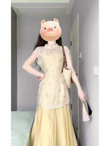 ชุดเดรสยาวคลุมเข่าสไตล์จีนใหม่สำหรับผู้หญิงในช่วงฤดูร้อน ชุดสองชิ้น กระโปรงยาวคลุมเข่า ชุดทำงาน ชุดแฟชั่น