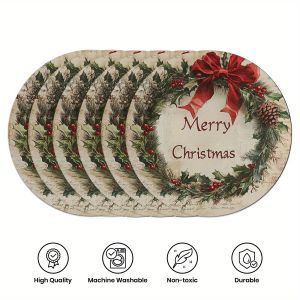 VIKAMA 6PC Christmas Wreath Meal Mat Red Bow Berry Table Christmas Party Restaurant Decoration
