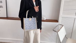 HGS Korean Design Abaca Bag Linen Bag Printed Casual Bag Hand Bag Beach Bag Lunch Bag For Women With Button