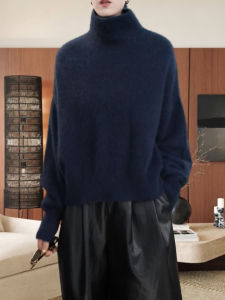QINGNAER | Oversized Velvet Cozy Blue Turtleneck Soft Knit Sweater