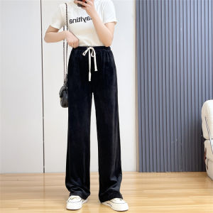 Huiyige Autumn Womens Elastic Waist High Waist Pants Gold Velvet Thin Straight Pants K-style Loose Casual Pants Loose Pants