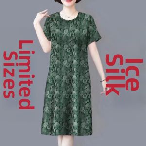 Fashionable Large-Size Short-Sleeve Dress for Middle-Aged and Elderly Women New Printed Style with Button Details Regular Thickness Mid-Length Long Dress