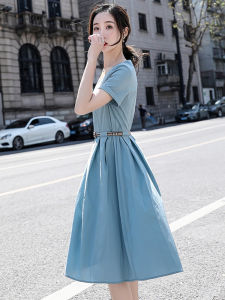 Design Sensation Spring Summer A-Line Dress V-Neck French Style Slimming Gentle Wind Waist Belt Short Sleeve Midi Dress