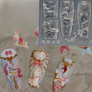 Transparent Silicone Nail Art Mold 3D Rotating Horse Unicorn Heart Diamond Bowtie Nail Decoration Mold for Professional Use