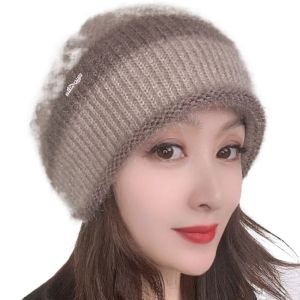 Mũ Len Nữ Mùa Đông Dày Dặn Mềm Mại Thoải Mái Thời Trang Đa Năng Kẻ Sọc Hai Lớp Ấm Áp Cho Phụ Nữ Trung Niên Và Cao Tuổi