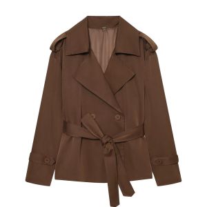 Guobioziy Womens Open-Collar Trench Coat Tie-Waist Long Sleeves Buttoned Short Loose Fit New Daily Casual Fashion Trench Coat