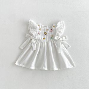 2026 Summer Baby Dress 9M-4T Korean Thin Loose Lace Kids Clothes Embroidered Flowers Girls Dress Children Outfit 2PCS