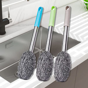Household Kitchen Steel Wire Ball Brush with Long Handle for Washing Dishes Pot Cleaning