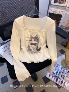 Counter Withdrawal Cut Label Cat Printing Bows Square Collar Long Sleeve T-shirt Female Early Autumn Sweet Spicy Cinched Peplum Tops