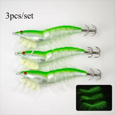 3pcs Glow Shrimp Fishing Lures Squid Jig Hook Saltwater Shrimp Prawn Lure Artificial Hard Bait Cuttlefish Fishing Accessories