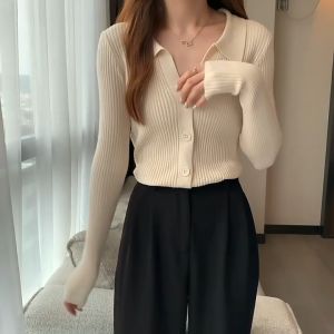 FRAN Korean Style Long Sleeved Sweater Cardigan Women New Lapel Button Knit Top