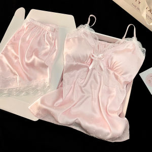 Pink Ice Silk HelloKitty Embroidery Womens Sleepwear Set with Strap Chest Pad Two-Piece Home Clothes V-Neck Short Sleeve