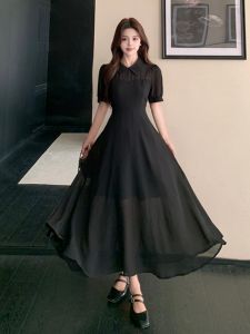 Đầm Dài Chiffon Cổ Polo Màu Đen