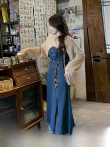 ชุดเดรสยาวผ้าเดนิมสีน้ำเงินสำหรับผู้หญิง ชุดเดรสยาวผ้าขนแกะถักแบบลำลองสไตล์ย้อนยุค ชุดสองชิ้น ฤดูใบไม้ผลิและฤดูใบไม้ร่วง
