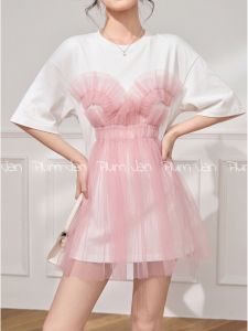 PlumJan | Đầm A-line Tay Ngắn Ôm Eo Hai Mảnh MESH Tạo Ảnh Giả
