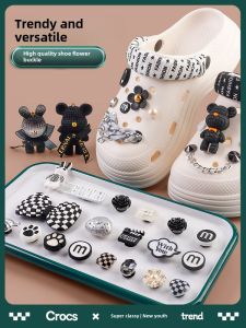 Crocs Hole Shoes Accessories DIY Mens Womens Shoe Buckle Carluo Chi Shoe Ornament Shoe Buckle Accessories Black and White Gingham Violent Bear