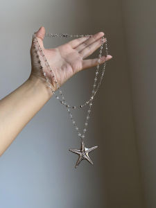 Double Layer Long Sweater Chain Necklace Silver Starfish Pendant Hip Hop Style Fashion Jewelry Accessory for Adults