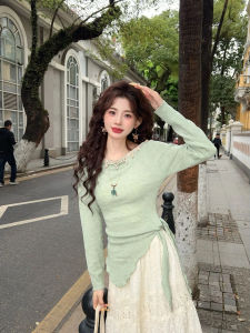 Mint Green Wooden Ear Bead String Knot Knitted Sweater Womens Spring Autumn Irregular Hem Slimming Beautiful Top
