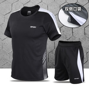 Mens Summer Casual Sports Suit Short Sleeve T-Shirt Fitness Running Clothes Five-Quarter Shorts Two-Piece Set Breathable Quick-Dry Lightweight