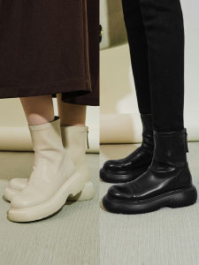 MeiYang Cotton Candy Chelsea Boots Elastic Slimming Platform Mid-Calf Autumn Winter Womens Fashion Boots Synthetic Leather