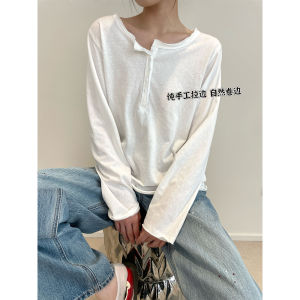 Natural Texture Handmade Long Sleeve Polo T-Shirt Lazy Loose Henry Collar Base Shirt Commute Style Cotton Polyester Blend