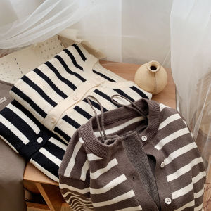 คลาสสิก สไตล์เกาหลี คอกลมแขนยาวลายทาง คาร์ดิเกน สั้น ทันสมัย ผู้หญิง ฤดูใบไม้ร่วง เสื้อสเวตเตอร์ หลากหลาย เสื้อโค้ท