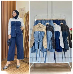 Setcel Caleta Jeans premium mix rayon motif setelan celana wanita