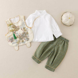 Baby Boy One Year Old Birthday Clothes Traditional Chinese Style Green Package Ceremony Dress Short Sleeve Embroidered Satin