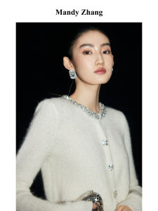 Alpaca Wool Pearl and Rhinestone Trimmed Round Neck Knit Cardigan Short Sweater