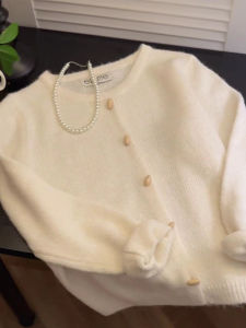 YUFUQING | Soft Cozy White Long Sleeve Knitted Sweater Single Button Female Fashionable Autumn 2024 Commute Korean Style Round Neck Top