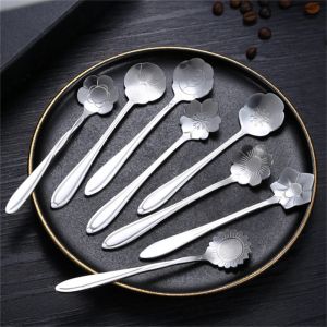 8pcs Stainless Steel Cherry Rose Flower Gold Scoop Coffee Spoon Gifts Kitchen Dessert Tea Accessories Tableware Decoration Set