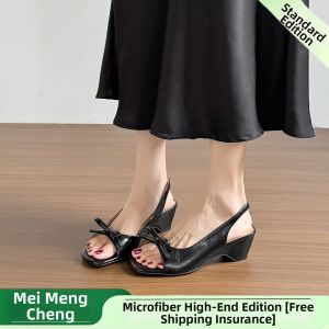 MEIMENGCHENG | French Style Bow Square Heel Women Sandals Adjustable Elastic Strap