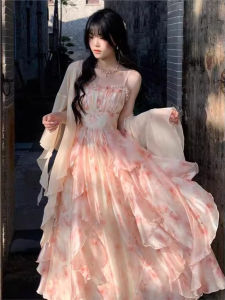 Váy Dài Không Tay in Hoa Edie Summer Heavyweight Dyeing Print Váy Bó Eo Xếp Ly Ren Cardigan Áo Ba Lỗ Hai Mảnh Cho Nữ