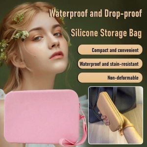 Waterproof Shockproof Silicone Storage Bag Square Large Capacity Stain-Resistant Cosmetic Zipper Bag Makeup Brush Holder Portable Organizer Storage Wash Bag Travel