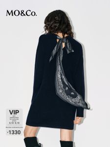 MO&Co. | Wool Yark Blend Paisley Printed Sash Loose H-shaped Slimming Black Dress