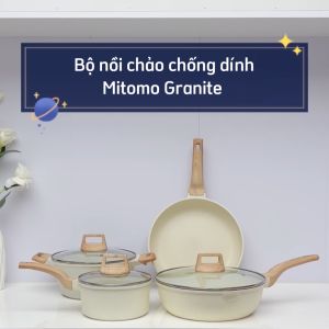 Bộ nồi vân đá chóng dính cao cấp 4 món Mitomo Granite đúc nguyên khối nấu trên mọi loại bếp - Hàng chính hãng