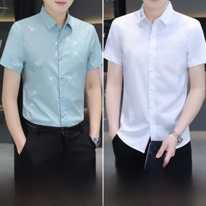 ROMON | Lormen Mens Ice Silk Short Sleeve Shirt Casual Thin Summer Business Casual Iron Free Workwear Jacket Outerwear Fashionable Urban Style