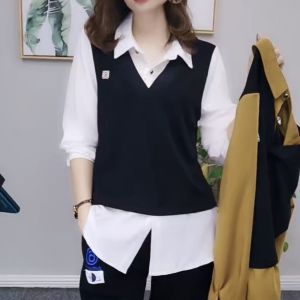 Elegant Long Sleeve Shirt for Women with Patchwork Design Tagkita High-End French Style Casual Work Clothing for Spring and Autumn