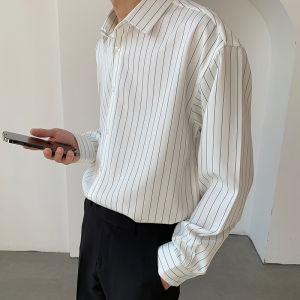 Spring Summer Mens Long Sleeve Striped Casual Shirt Smooth Iron-Free Business Leisure Top High-End Korean Style Polyester Blend