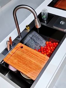Nano Multifunctional Waterfall 304 Stainless Steel Kitchen Sink Large Single Bowl Lababo with Pull-Out Faucet and Drain Basket