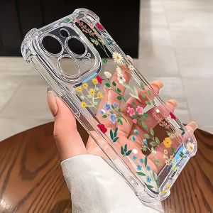 Aesthetic Floral Clear Four Corners Buffer Phone Case For iPhone 17 16 15 14 13 12 11 Pro XS Max X Plus Air Drop Resistant Cover