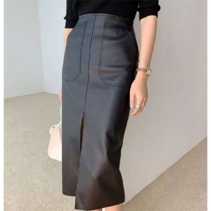 Rok Midi Rok Pensil Korea Rok Span Rok Panjang Belahan Tinggi Samping Terbaru Bahan Rok Semi Kulit Aksen Saku Besar Split Depan Khalisa Fashion Holic