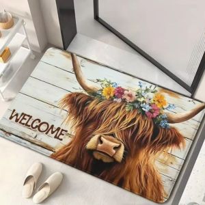 VIKAMA Rustic Floral Highland Cow Floor Mat Welcome Non Slip Farmhouse Bath Rug Absorbent Shower Entry Bedroom Doormat