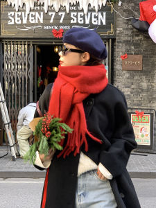 Red Cashmere-Like Thickened Winter Scarf for Women Men New Years Festive Feel Multifunctional Korean Style Pure Color Rectangle