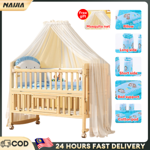 NAIJIA Wooden Baby Cot Pinewood Multifunctional Baby Cot Free Mattress & Net Non-Toxic Extendable Storage Cradle Crib Bed Toddler嬰兒床