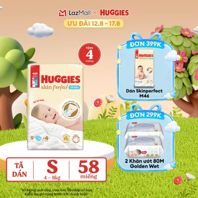 [17-24.08 QUÀ TẶNG ĐƠN 0Đ] Tã/bỉm dán sơ sinh Huggies Skin Perfect S 54+6 miếng với 2 vùng thấm giảm kích ứng da