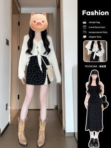 Váy Midi Hoa Đen Kiểu Pháp Cho Nữ Mùa Xuân Thu Mới Về Váy Dài Tay Không Tay Váy Nữ Thanh Lịch Thường Ngày Váy Chữ a