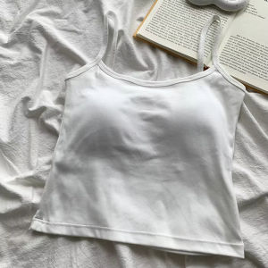 Womens Solid Color Spaghetti Straps Sleeveless Slim Camisole with Chest Pad Cotton Summer Wear Outside Female Short Tops Vests