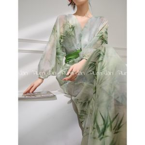 PlumJan | Đầm Maxi Mùa Hè In Tre Trung Quốc Cổ V Đai Dây ở Eo